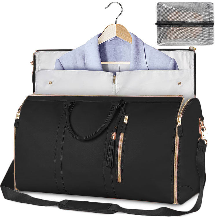 Black travel duffel bag with front zipper pocket and shoulder strap