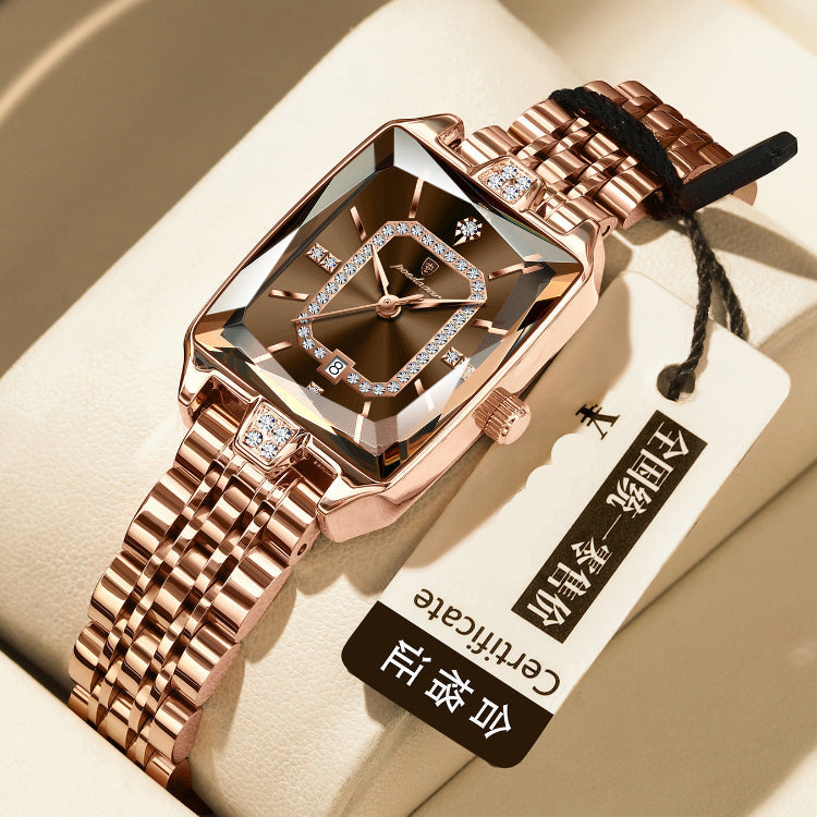 Women's waterproof quartz watch, rose gold square case, dark gem dial, metal bracelet.
