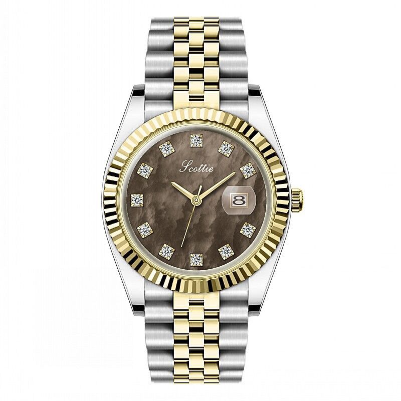 Women’s steel quartz watch with dark brown dial, gold bezel, and two-tone link bracelet