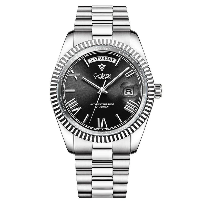 Men’s automatic mechanical watch in silver tone with black dial and metal link bracelet