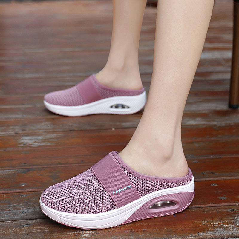 Women’s mauve/pink mesh slip-on slippers with air-cushion heel sole