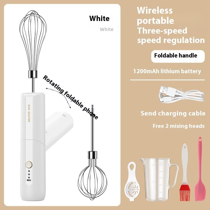 Wireless electric egg beater in white with foldable handle and wire whisk beaters