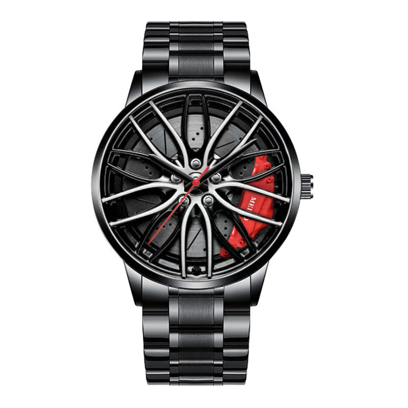 Men’s quartz wristwatch with metal bracelet; racing wheel dial with red accents