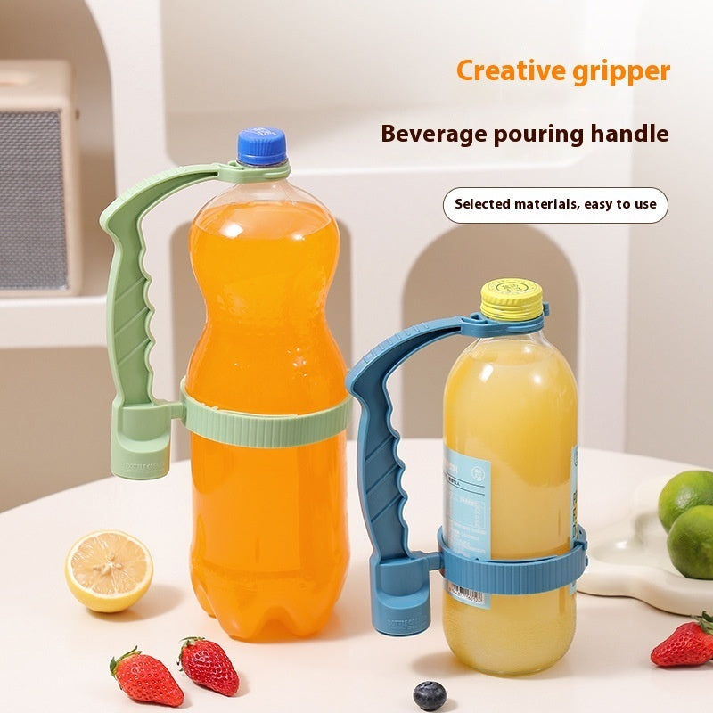 Adjustable bottle handle holder with pouring grip, fitted to orange and yellow bottles