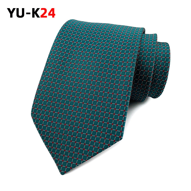 Green checkered tie on a white background with 'YU-K24' branding.