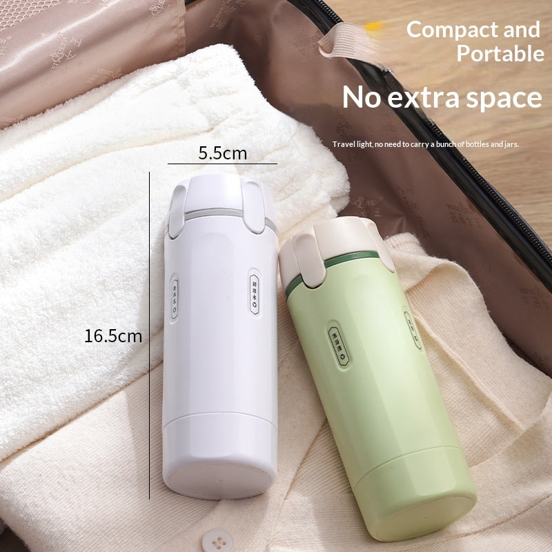 Compact travel dispenser bottles in white and green, two pump-style containers