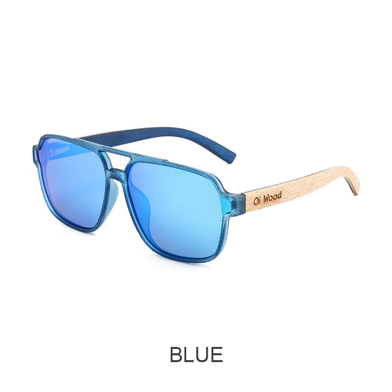 Blue polarized sunglasses with blue lenses and light wood temple arms