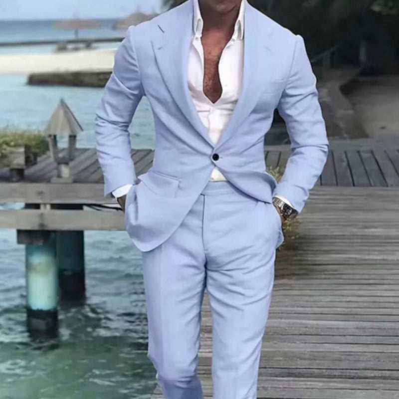 Men's light blue single-breasted suit jacket and matching trousers, two-piece set