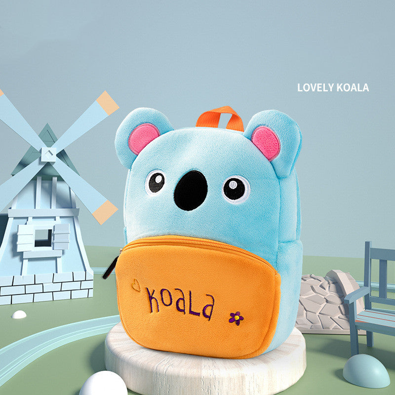 Plush small school bag with blue koala face, orange front pouch and carrying strap