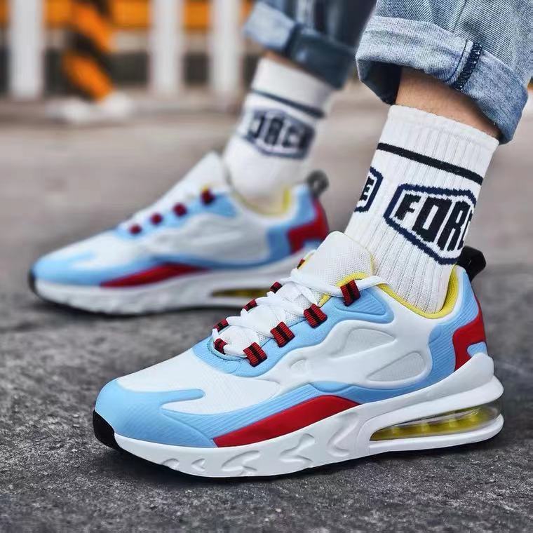 Air cushion casual men's shoes in white with blue and red accents, lace-up air sole