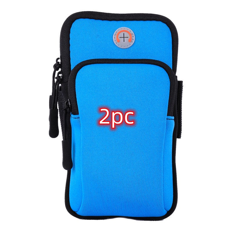 Blue sports phone pouch with black trim and zippered front pocket