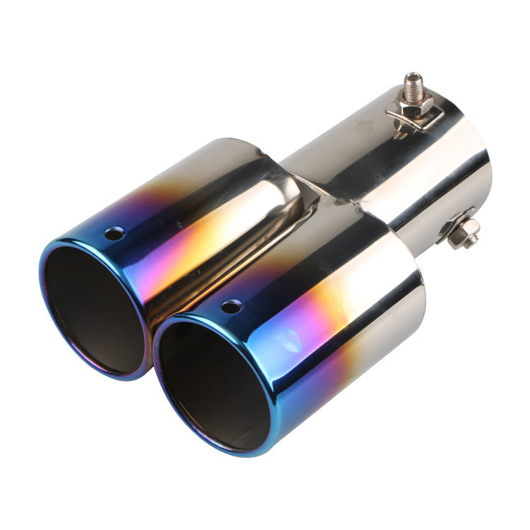 Double stainless exhaust muffler tips with rainbow finish on inner sleeve