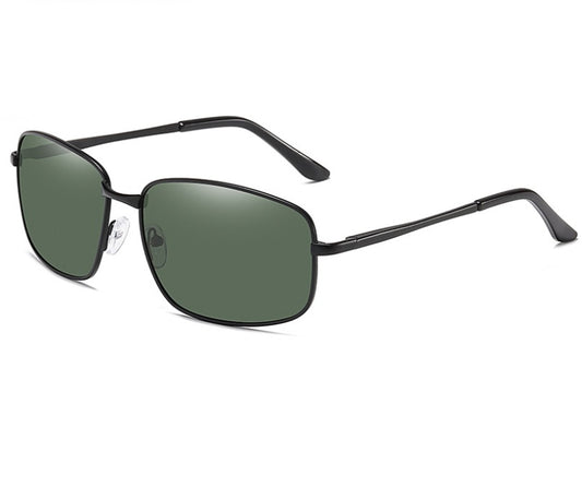 Sunglasses with black frame and green lenses on a white background