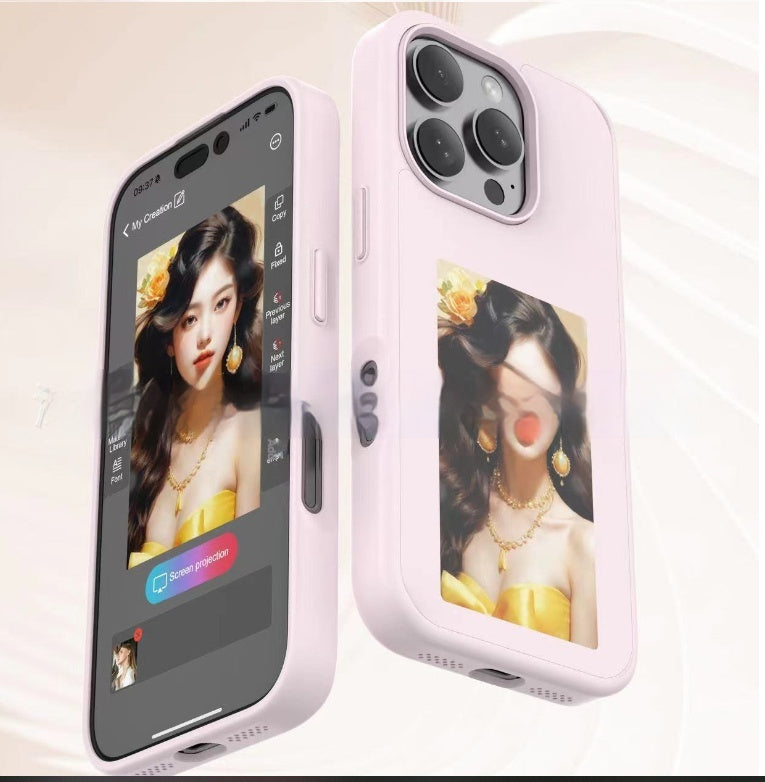 Pink E-ink screen phone case with portrait image on rear screen window