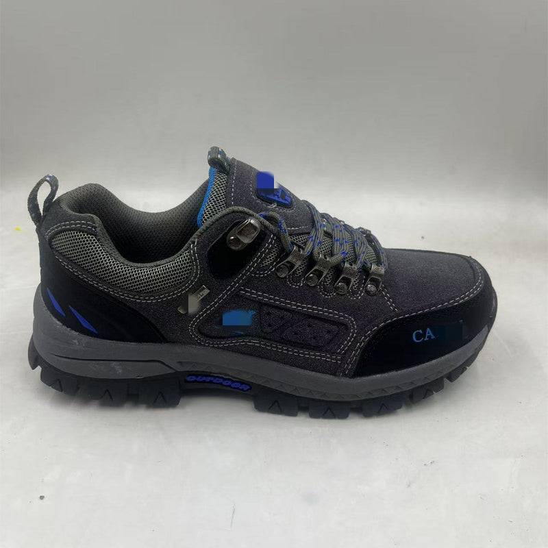 Black hiking shoe with blue lace details, padded collar, side patch, textured rubber tread