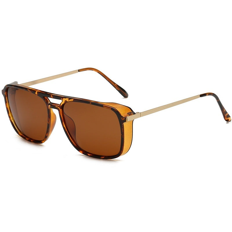 Polarized sunglasses in amber brown with tortoiseshell frame and tan temples (side view)