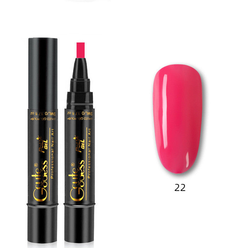 Red-pink nail glue pen with applicator tip and pink nail swatch, shade 22