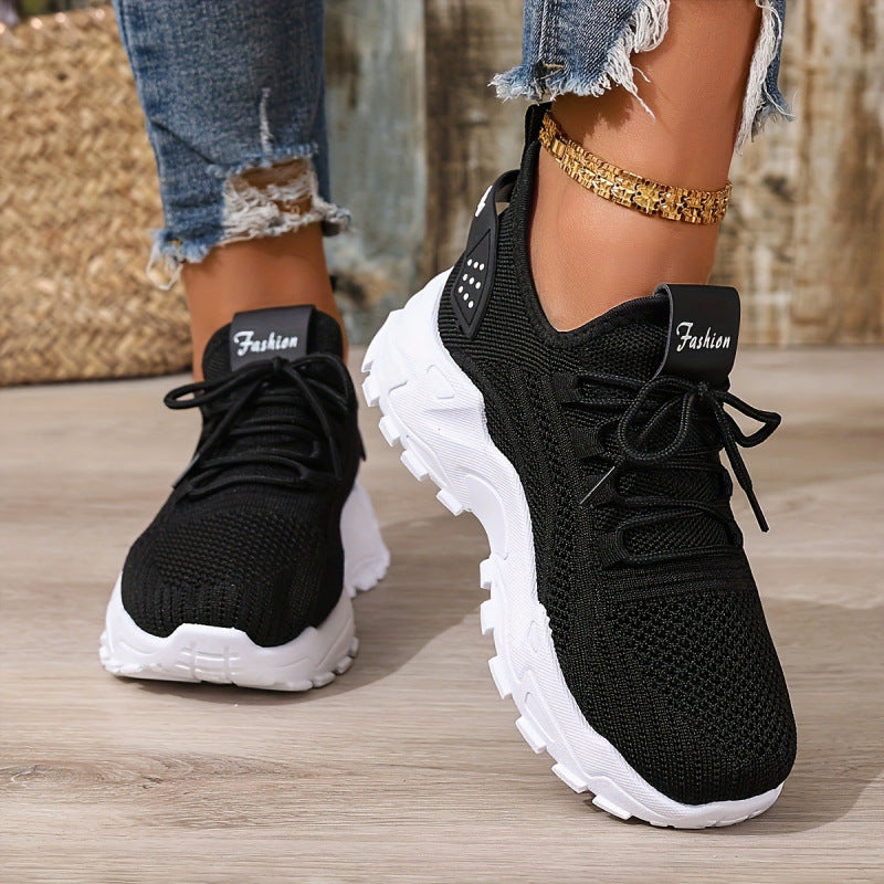 Black knit lace-up sneakers with white chunky sole