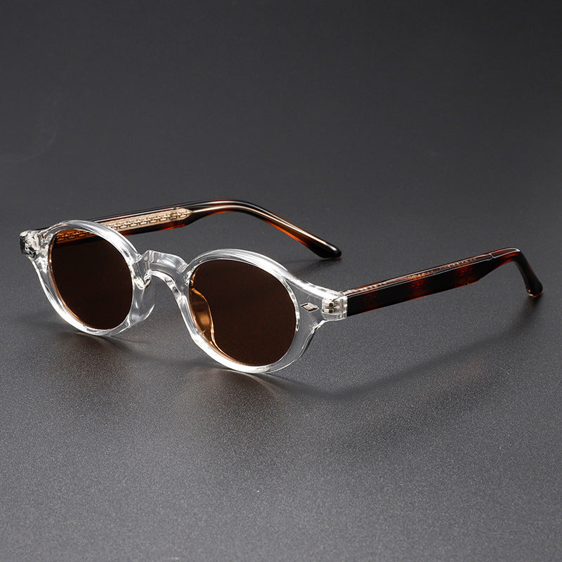 Men’s small round sunglasses with clear frame and dark brown tinted lenses