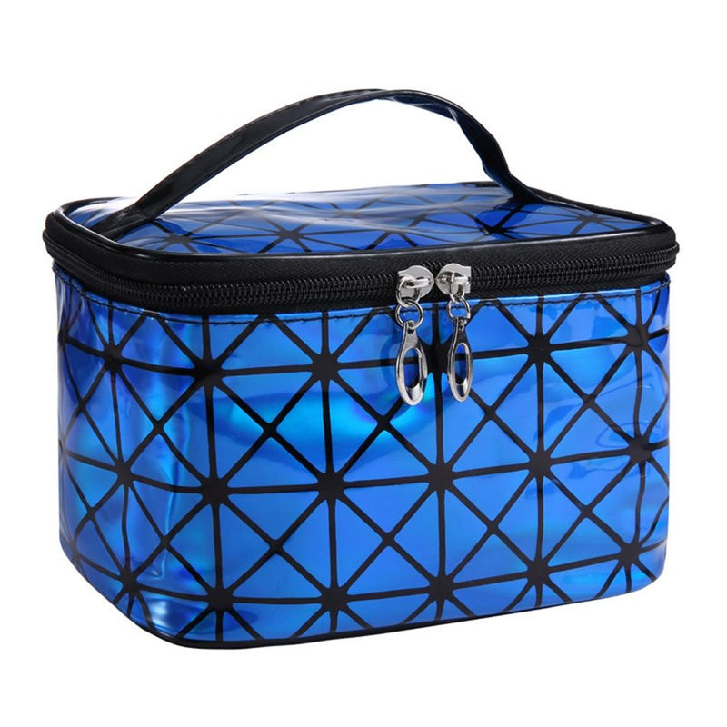 Holographic cosmetic bag in blue with black zipper, handle, and geometric pattern