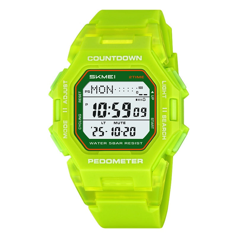 Front view of a fluorescent-green SKMEI digital sports watch with rectangular display