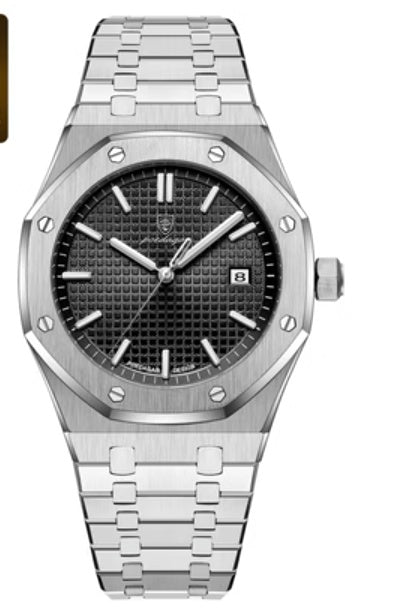 Silver mechanical watch with black textured dial and metal link bracelet