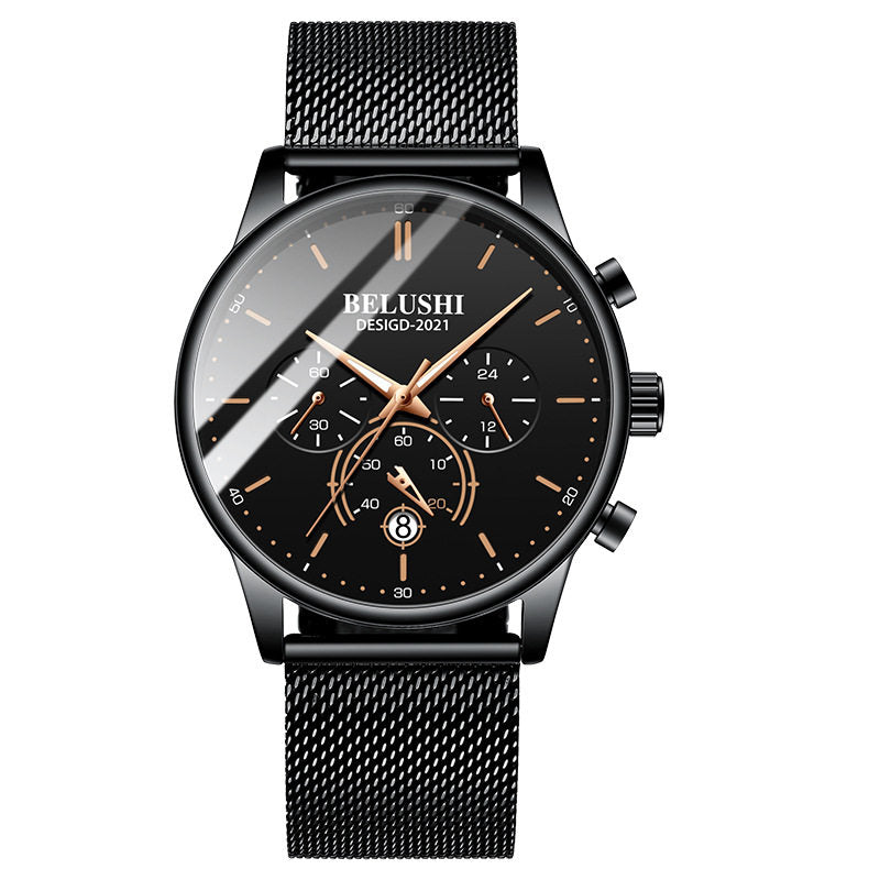Men's black quartz watch with orange accent dial and black mesh strap.