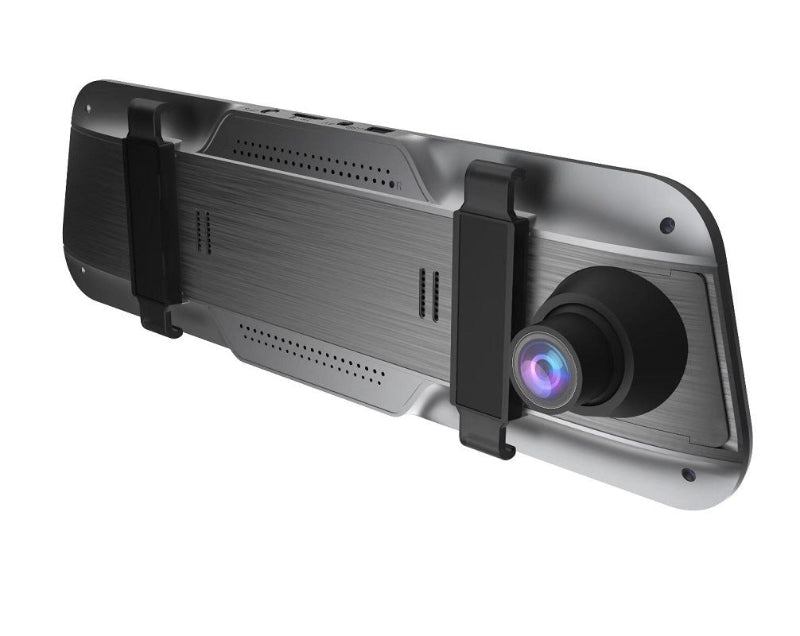 Black rearview mirror dash cam front view with visible camera lens and vented panel