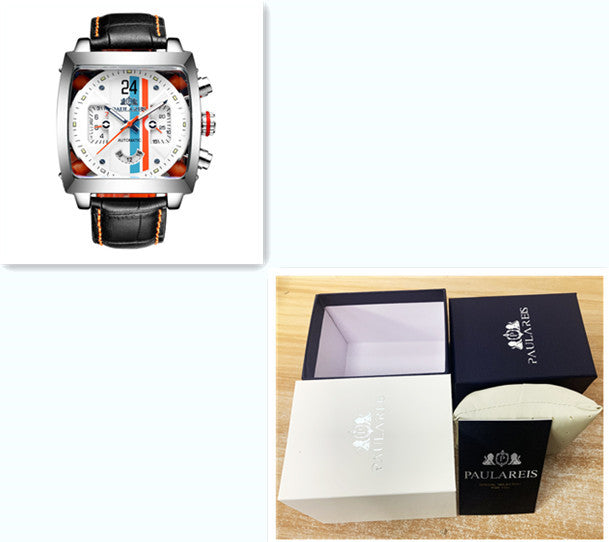 Watch with black leather strap and colorful face next to an open Paul Reis box on a wooden surface.