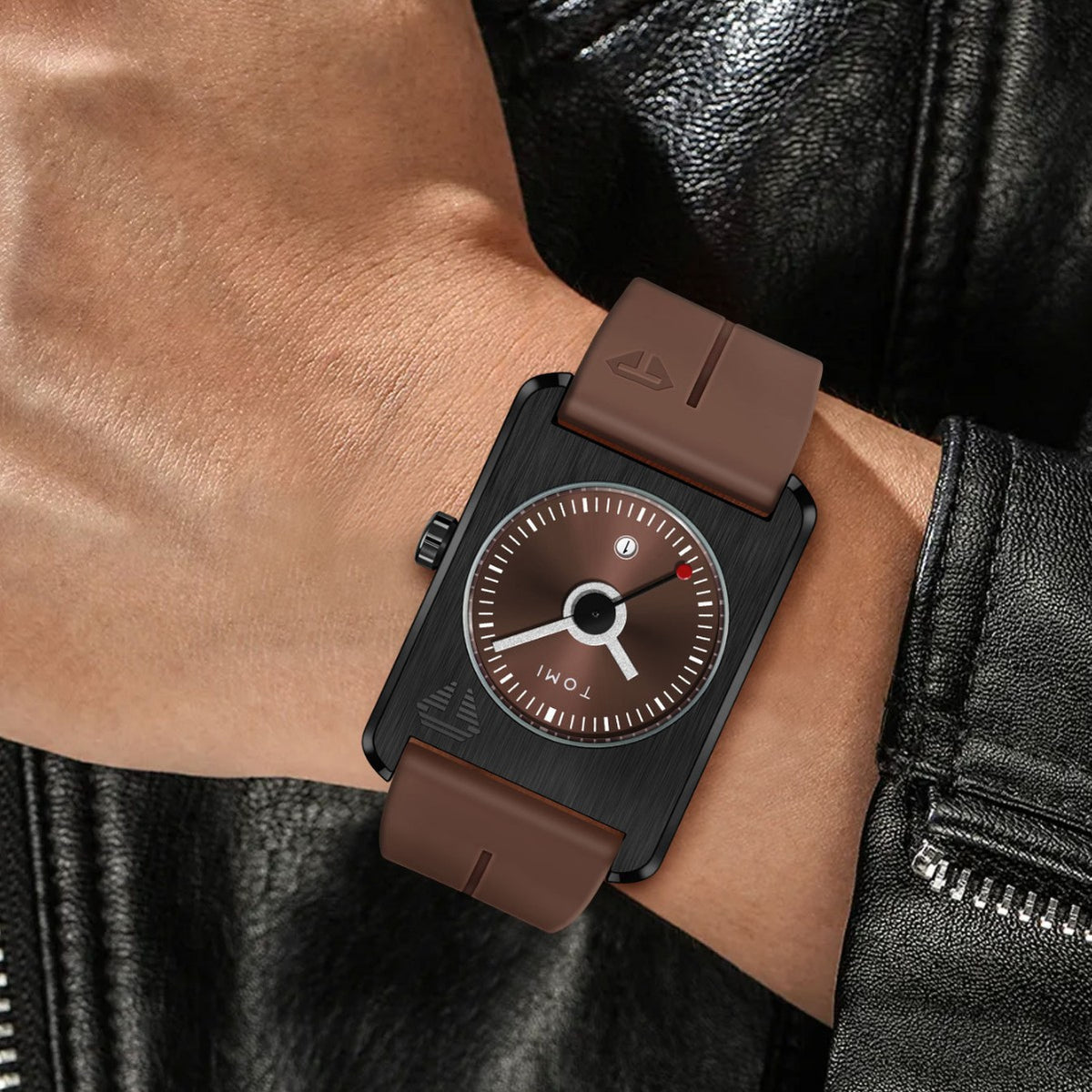Unisex square quartz watch with calendar, brown dial and brown silicone strap on wrist