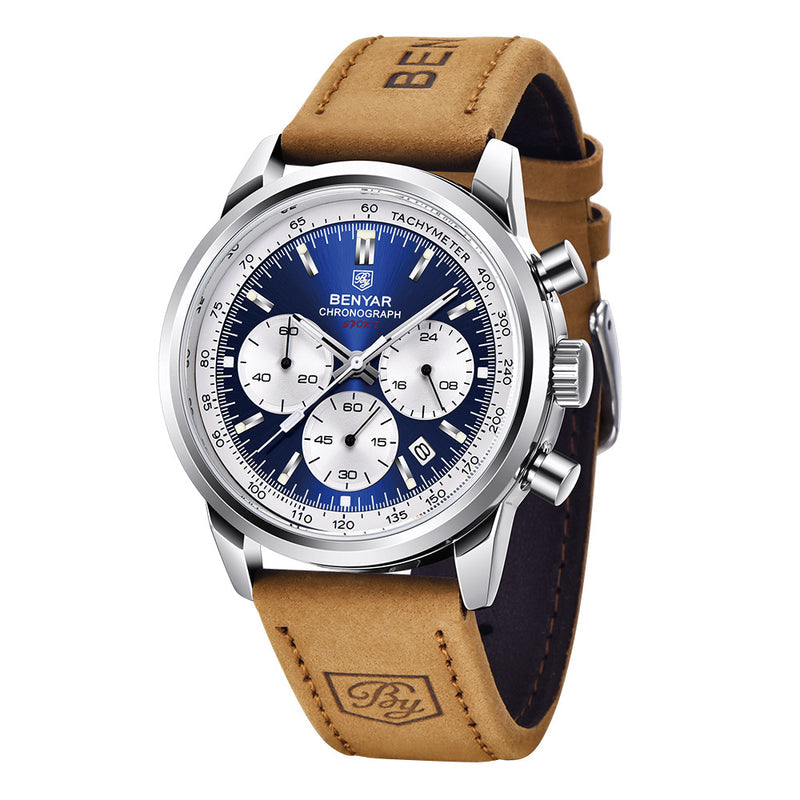 Close view of a blue-dial BENYAR quartz watch with silver-tone case and tan strap