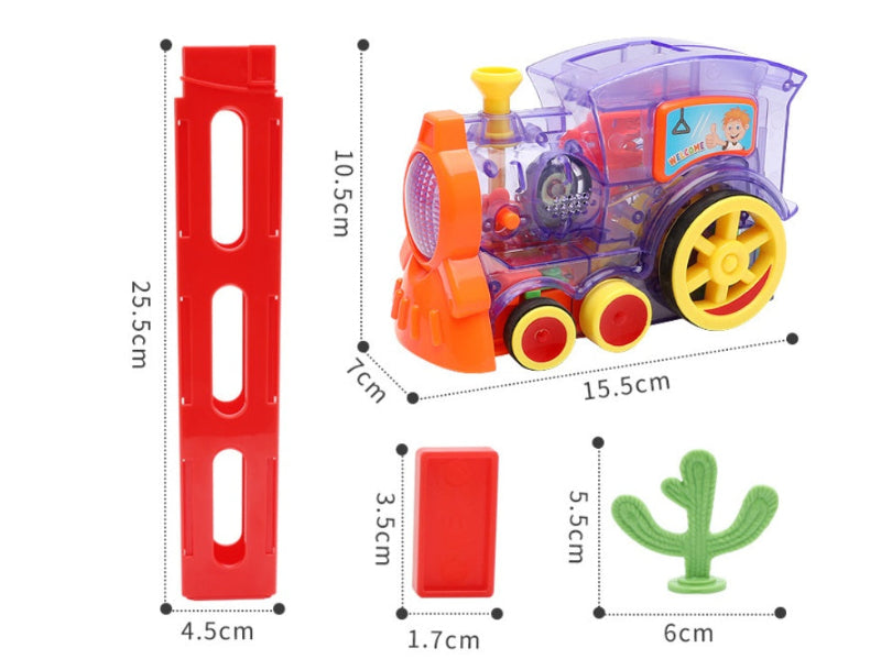 Domino train car parts diagram with red track rails and accessory pieces