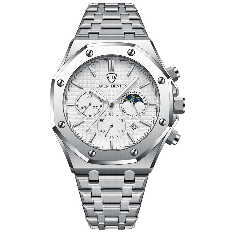 Silver watch with detailed face on a white background