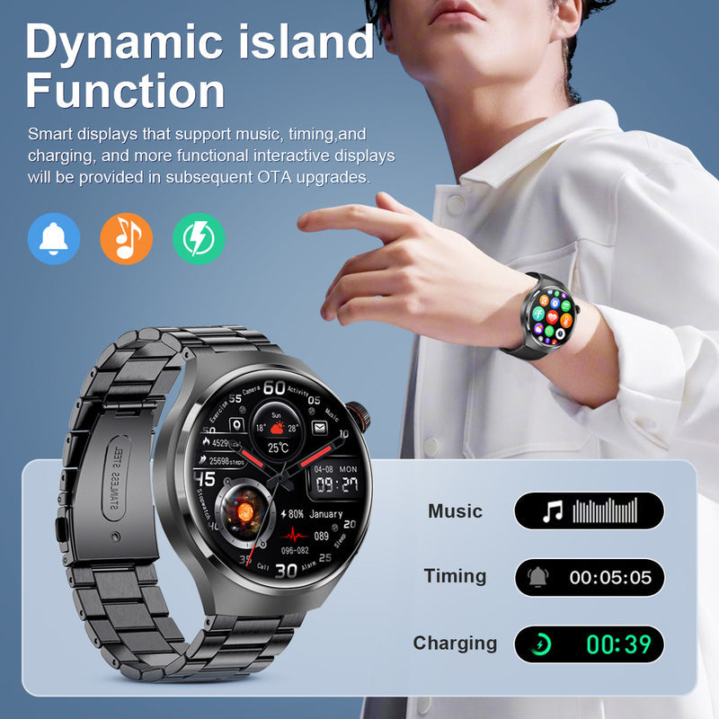 Round smartwatch with a dark link band beside illustrations of music, timer and charging displays