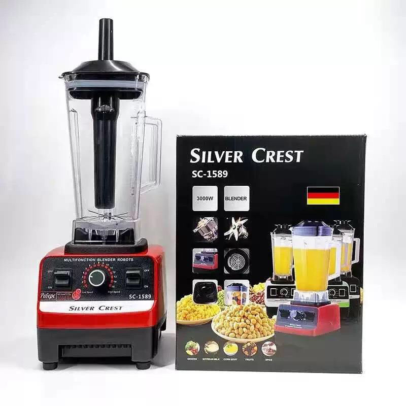 Red countertop blender with clear jar and Silver Crest SC-1589 product box
