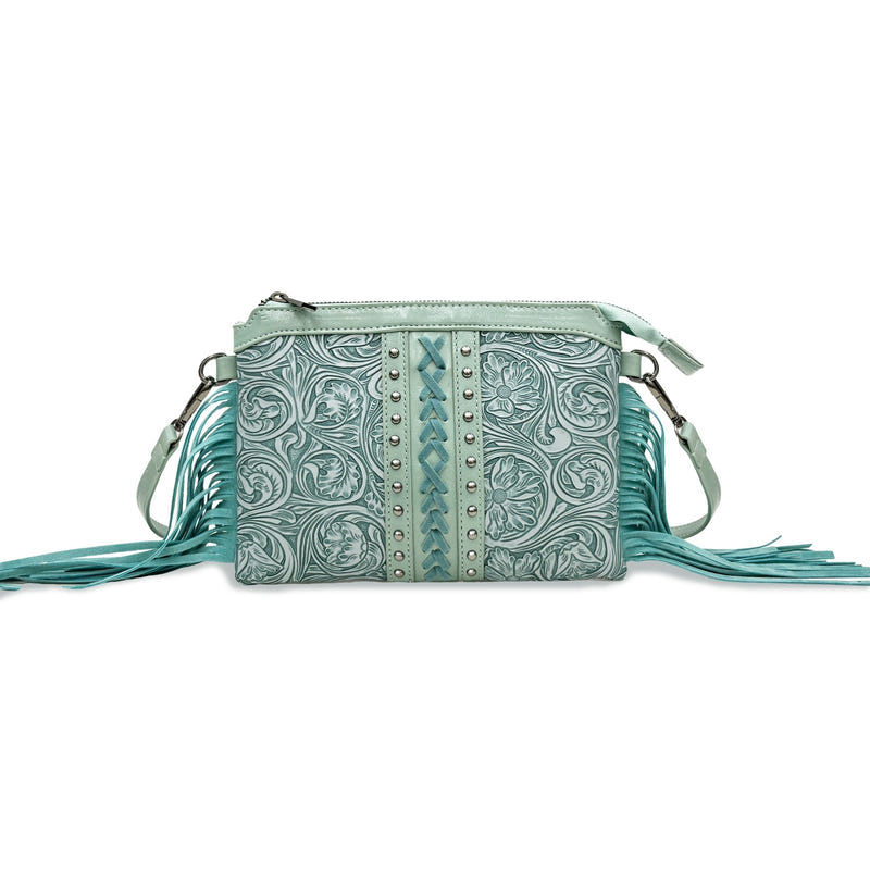 Women's crossbody bag, teal embossed PU with studded center stripe and side fringe