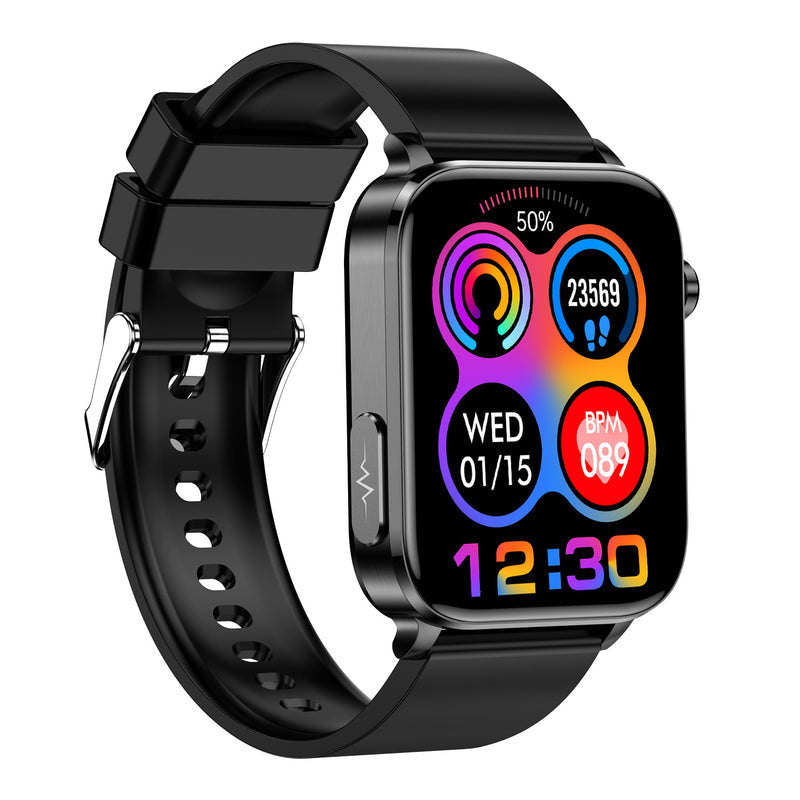 TK15 smartwatch with black silicone strap, activity rings and digital time