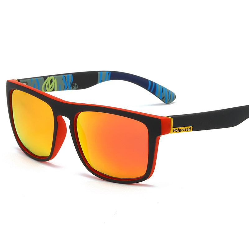 Unisex square polarized sports sunglasses, red frame with orange mirrored lenses