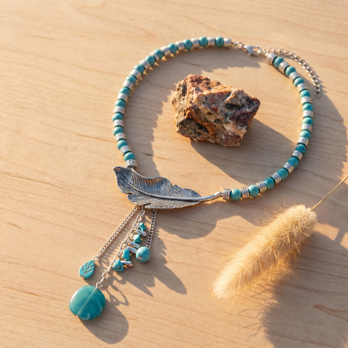 Turquoise beaded choker necklace with alloy feather pendant, long chain, and charm drops