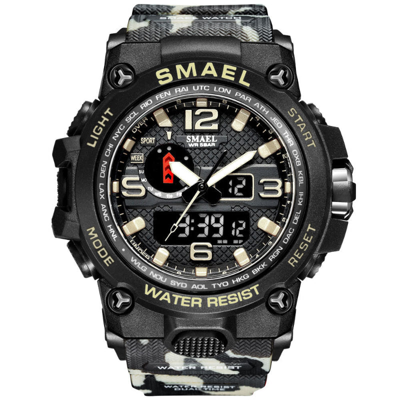 Men's sports alarm wristwatch with black case and gray camo strap, luminous digital face