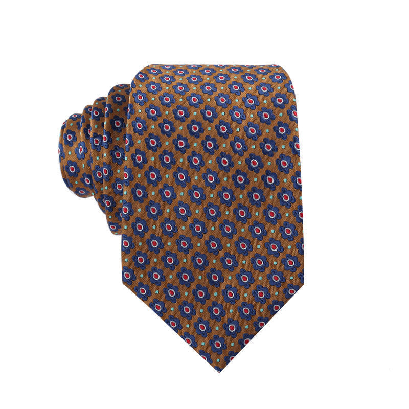 Men's necktie with navy base and orange-blue floral medallion pattern