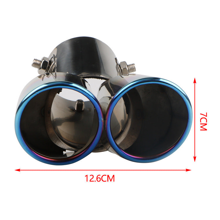Double exhaust muffler tips with blue trim, side view showing overall dimensions