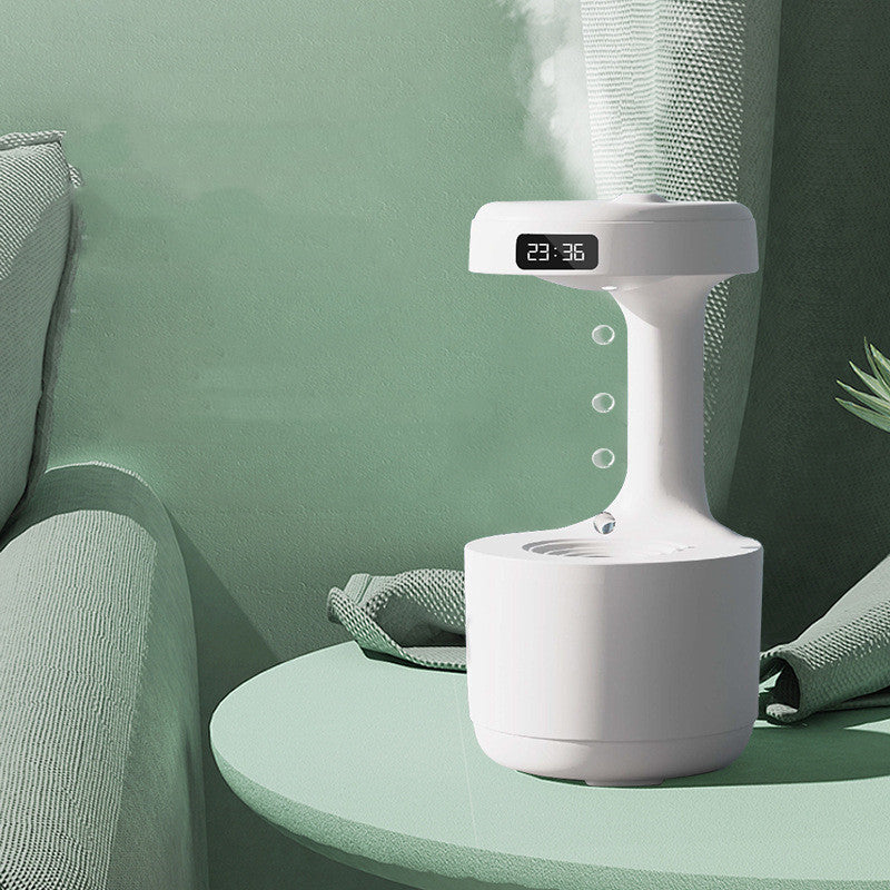 White anti-gravity humidifier with LED time display and side mist control buttons