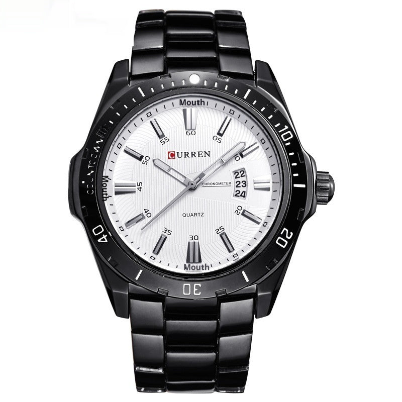 Men's casual quartz watch with white dial and black metal bracelet, date display
