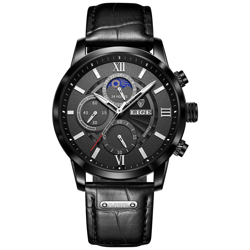Black chronograph quartz watch with black dial and black leather strap