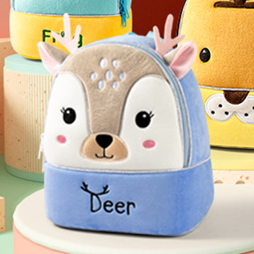 Plush kids backpack with deer face design in light blue and gray accents