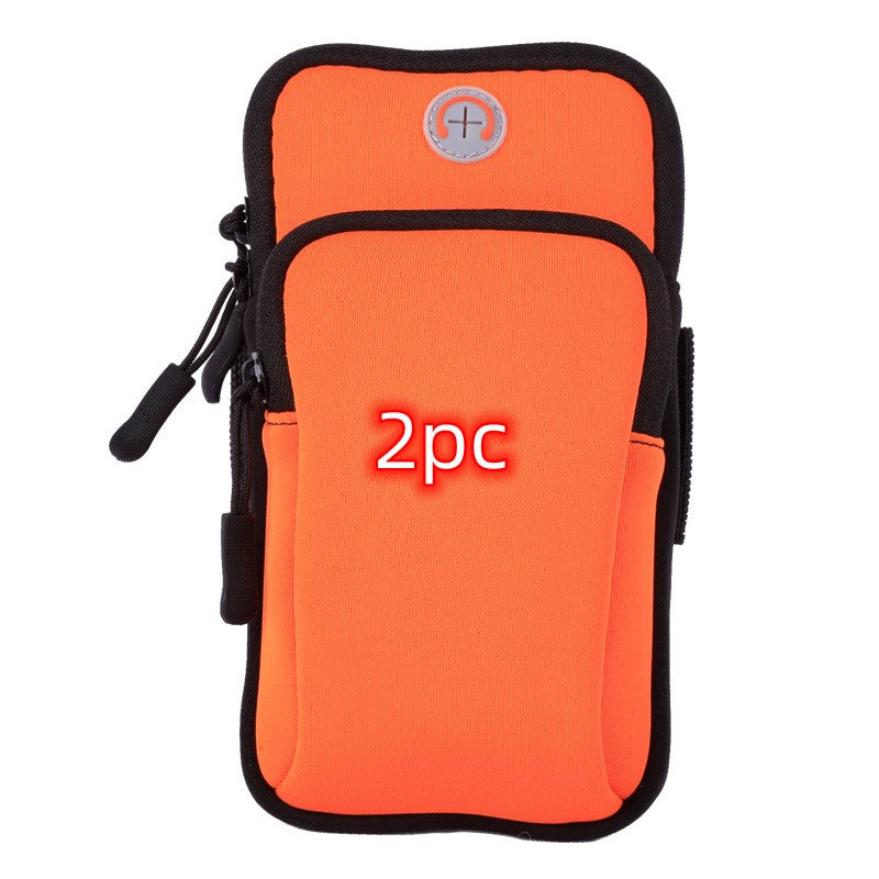 Orange running phone pouch with black trim, zipper closure, and side attachment