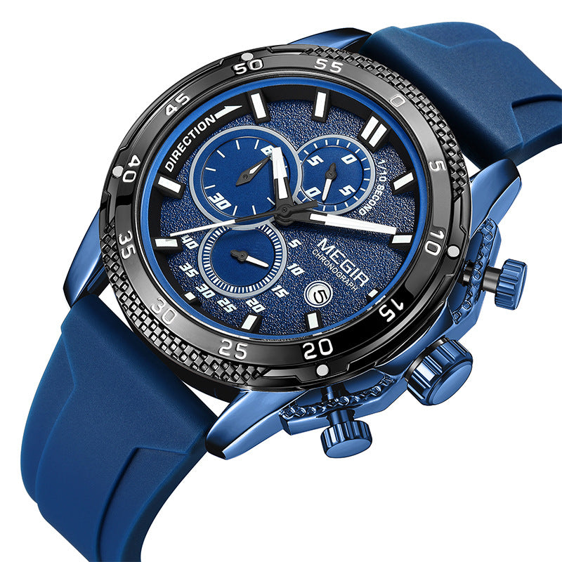 Men's sport quartz watch with blue silicone strap and blue dial with subdials