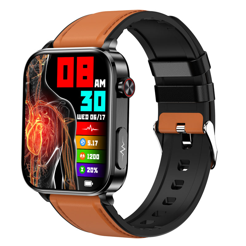 TK15 smartwatch with brown leather-style strap and red anatomical-style watch face