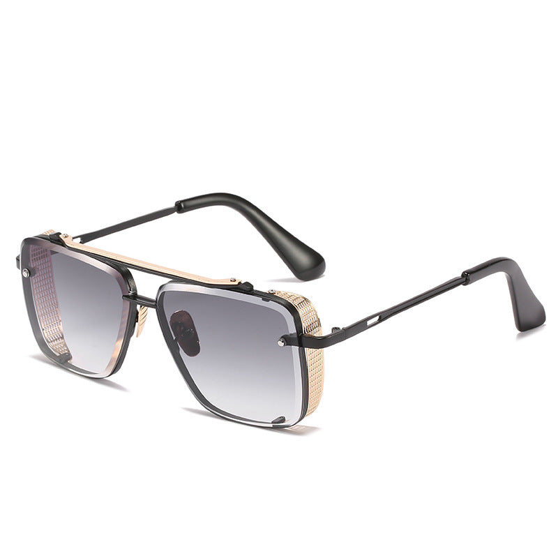Unisex retro metal mesh edge sunglasses with black frame and silver gray tinted lenses.